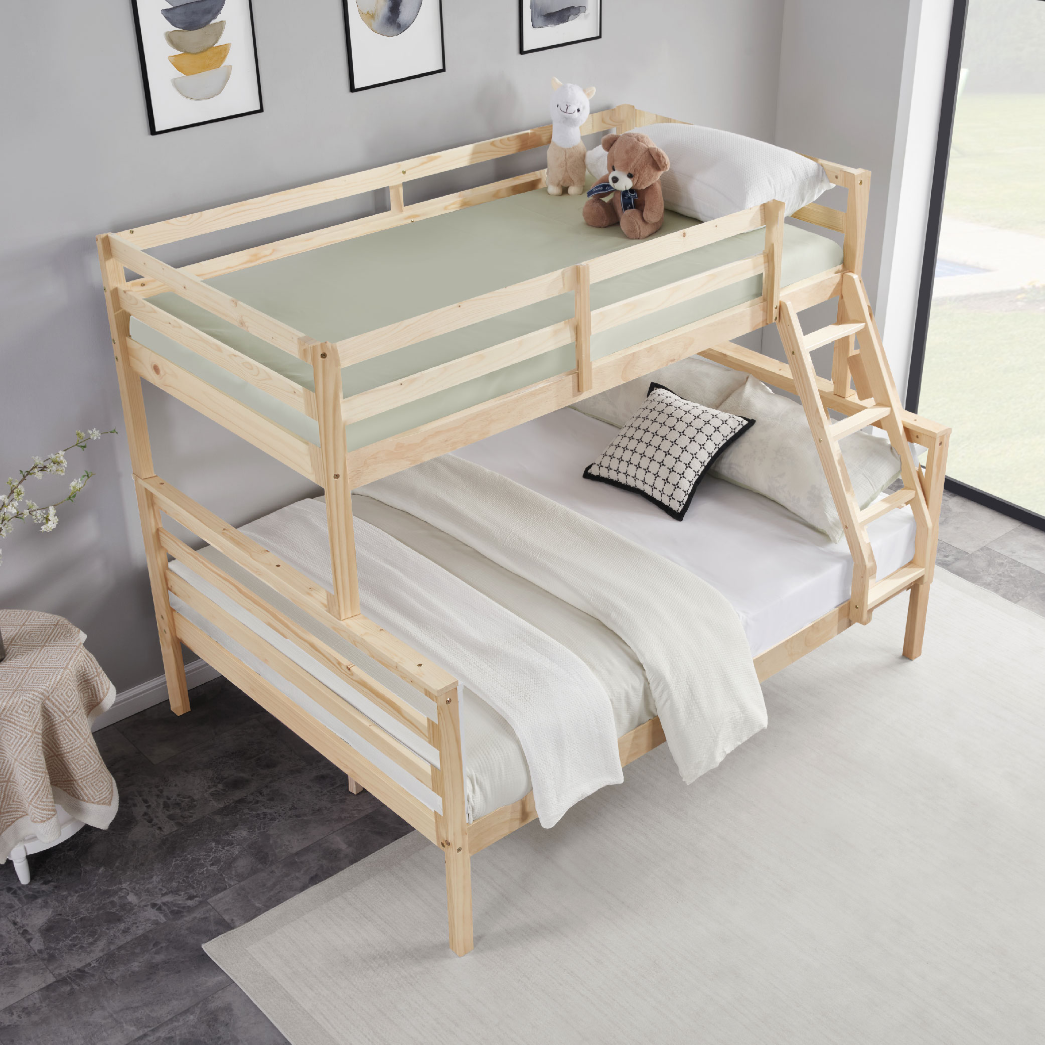 Twin over Full Bunk Bed with Ladder,Wooden Bunk Bed with High Guardrail and Ladder for Kids, Teens, Dorm Rooms, and Guest Rooms,No Box Spring Needed,Natural Twin over Full Bunk Bed with Ladder,Wooden Bunk Bed with High Guardrail and Ladder for Kids, Teens, Dorm Rooms, and Guest Rooms,No Box Spring Needed,Natural